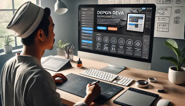 Seorang desainer web profesional asal Indonesia yang sedang merancang sebuah landing page di komputernya