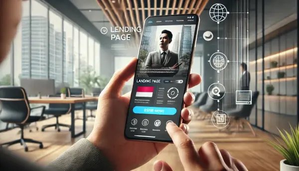 Seorang pengguna asal Indonesia yang sedang mengunjungi landing page di smartphone mereka dengan desain yang responsif dan dioptimalkan untuk perangkat mobile