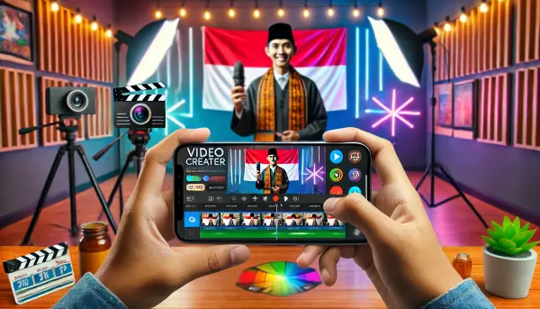 Seorang kreator konten sedang memegang smartphone dan melakukan syuting video pendek untuk media sosial