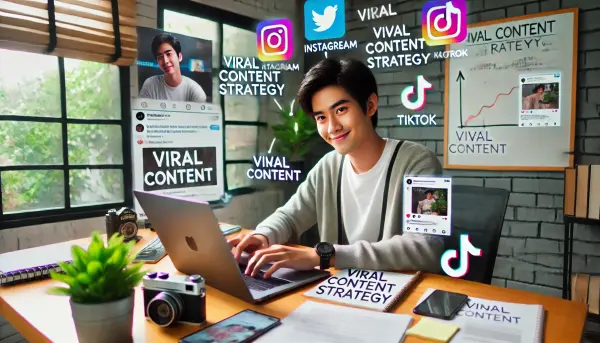 Seorang pembuat konten muda yang sedang duduk di depan laptop